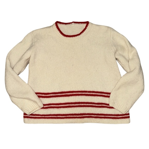American Vintage Sweaters - Vintage Unbranded Cream Wool Blend Knit Sweater Red Stripe Preppy Cottage core